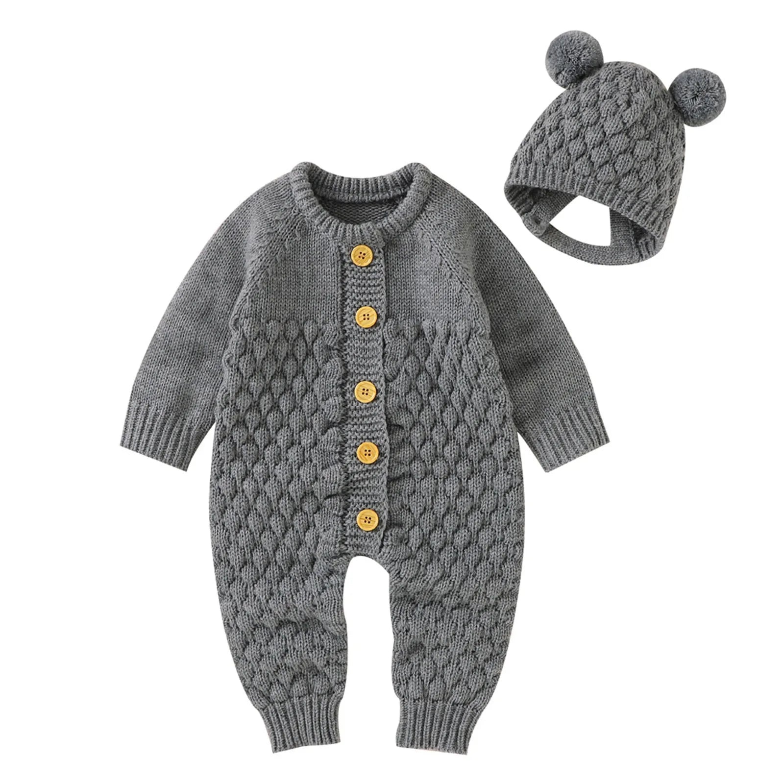 2Pcs Newborn Baby Girls Boys Romper +Hat Set Baby Clothes Cotton Knitted Sweater Jumpsuit Overalls Winter Baby Clothing 0-18M