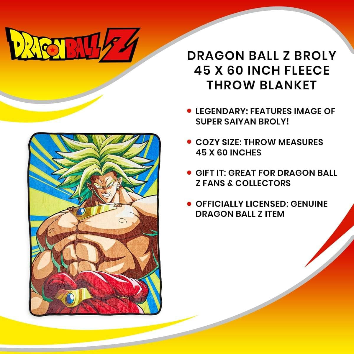 Dragon Ball Z Broly Fleece Throw Blanket - Cozy 45" X 60" Soft Fluffy Warm Lightweight Comforter - for Bed, Dorm, Living Room, Camping, DBZ Bedding - Cute Kids & Anime Series Fan Gifts & Collectibles