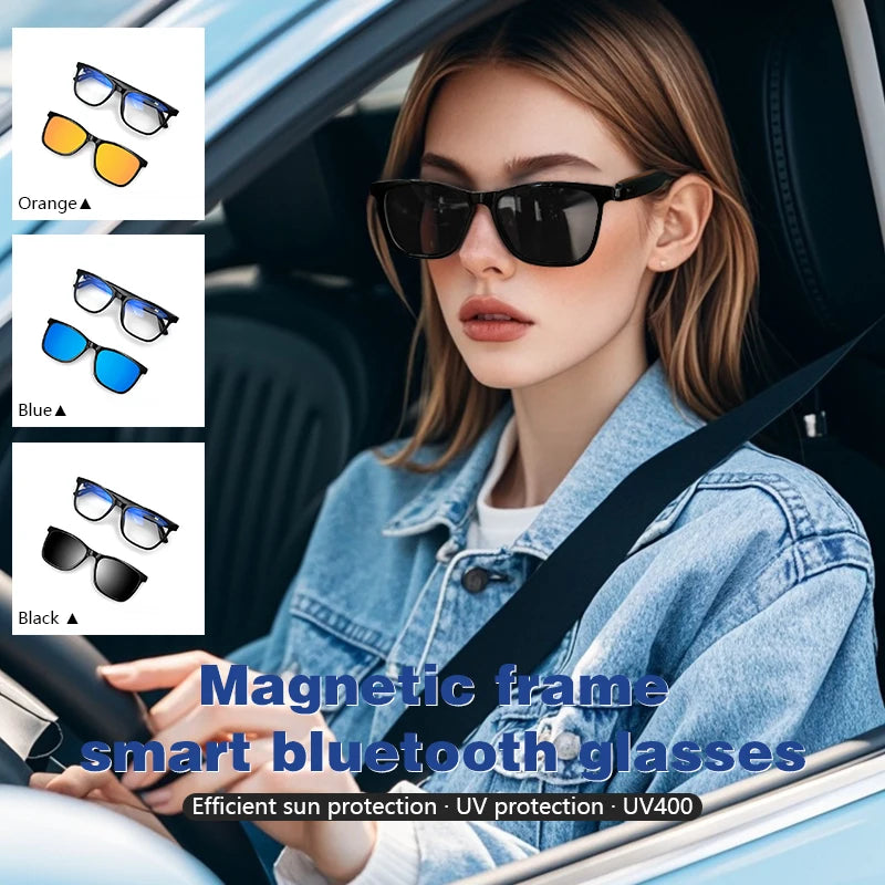 Magnetic Smart Glasses:Blue Light Filtering Polarized Sunglass 2in1 Lenses Audio Built-in Mic & Speakers Touch & Voice Assistant