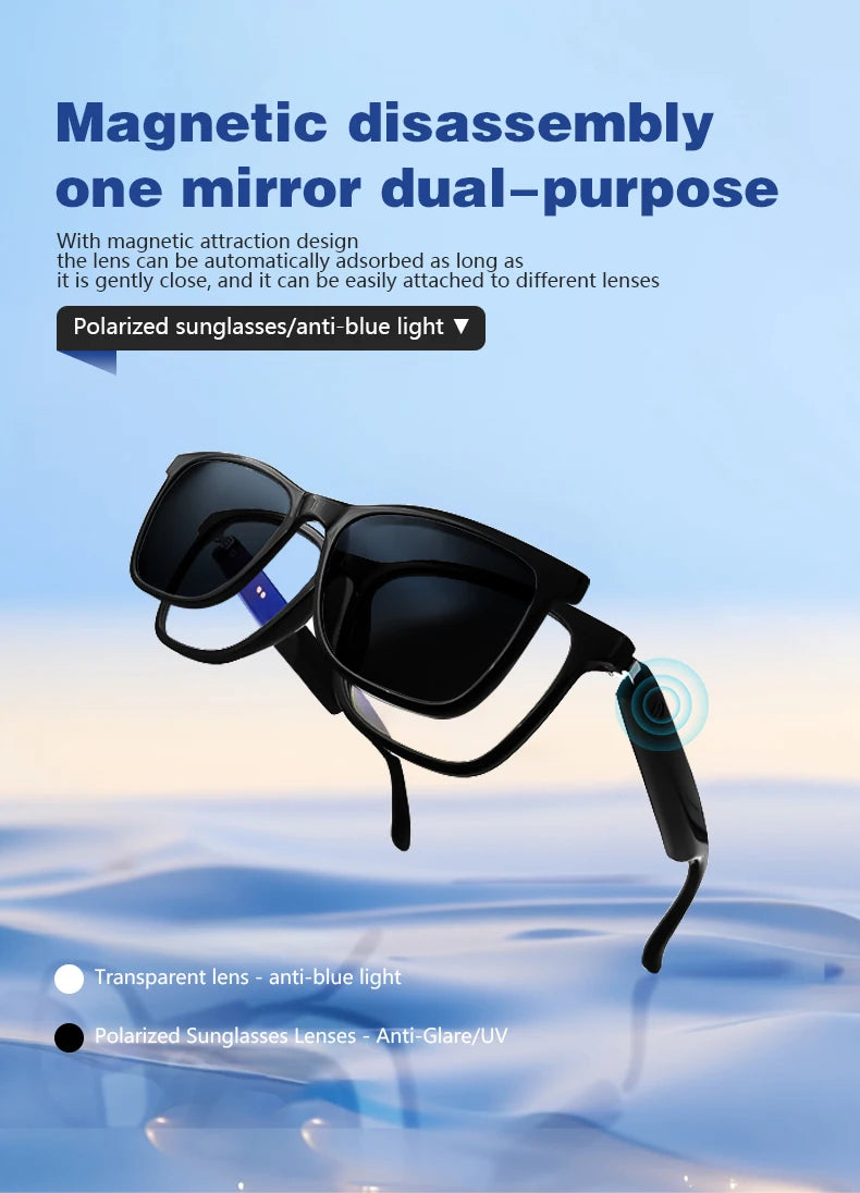 Magnetic Smart Glasses:Blue Light Filtering Polarized Sunglass 2in1 Lenses Audio Built-in Mic & Speakers Touch & Voice Assistant