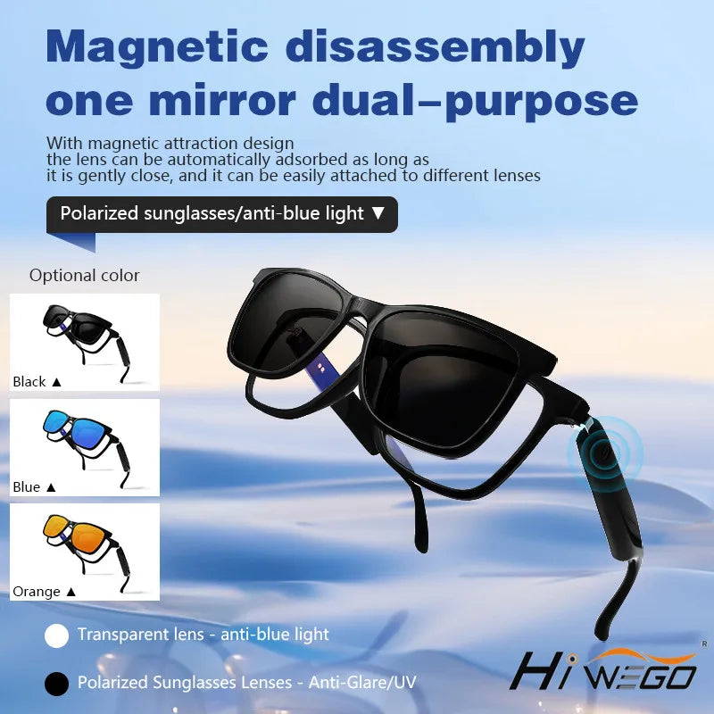 Magnetic Smart Glasses:Blue Light Filtering Polarized Sunglass 2in1 Lenses Audio Built-in Mic & Speakers Touch & Voice Assistant