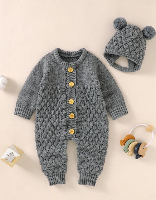 Load image into Gallery viewer, 2Pcs Newborn Baby Girls Boys Romper +Hat Set Baby Clothes Cotton Knitted Sweater Jumpsuit Overalls Winter Baby Clothing 0-18M
