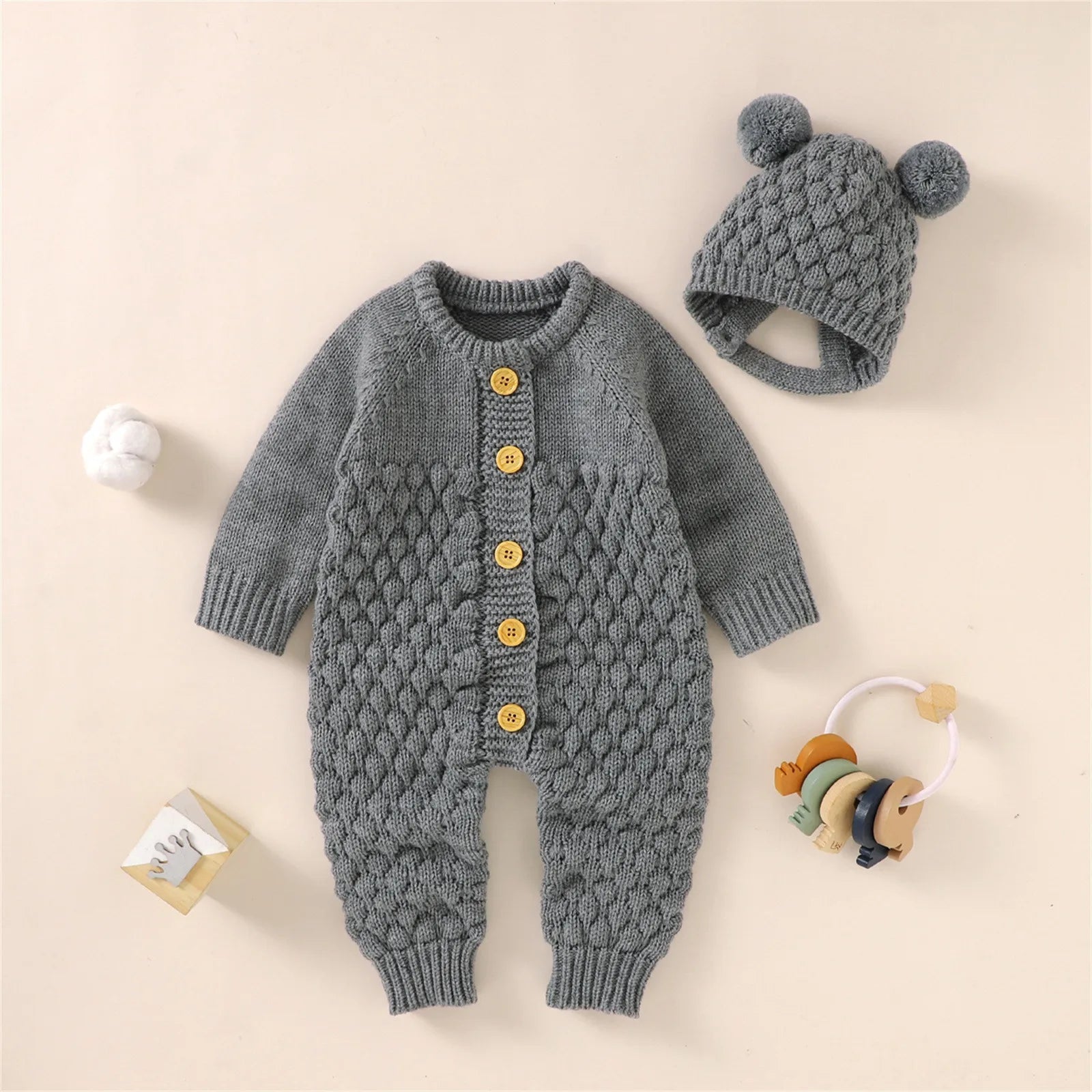 2Pcs Newborn Baby Girls Boys Romper +Hat Set Baby Clothes Cotton Knitted Sweater Jumpsuit Overalls Winter Baby Clothing 0-18M