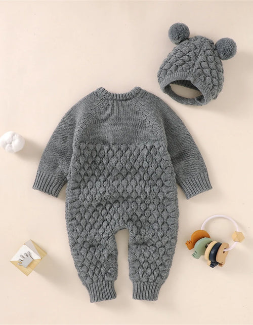 Load image into Gallery viewer, 2Pcs Newborn Baby Girls Boys Romper +Hat Set Baby Clothes Cotton Knitted Sweater Jumpsuit Overalls Winter Baby Clothing 0-18M
