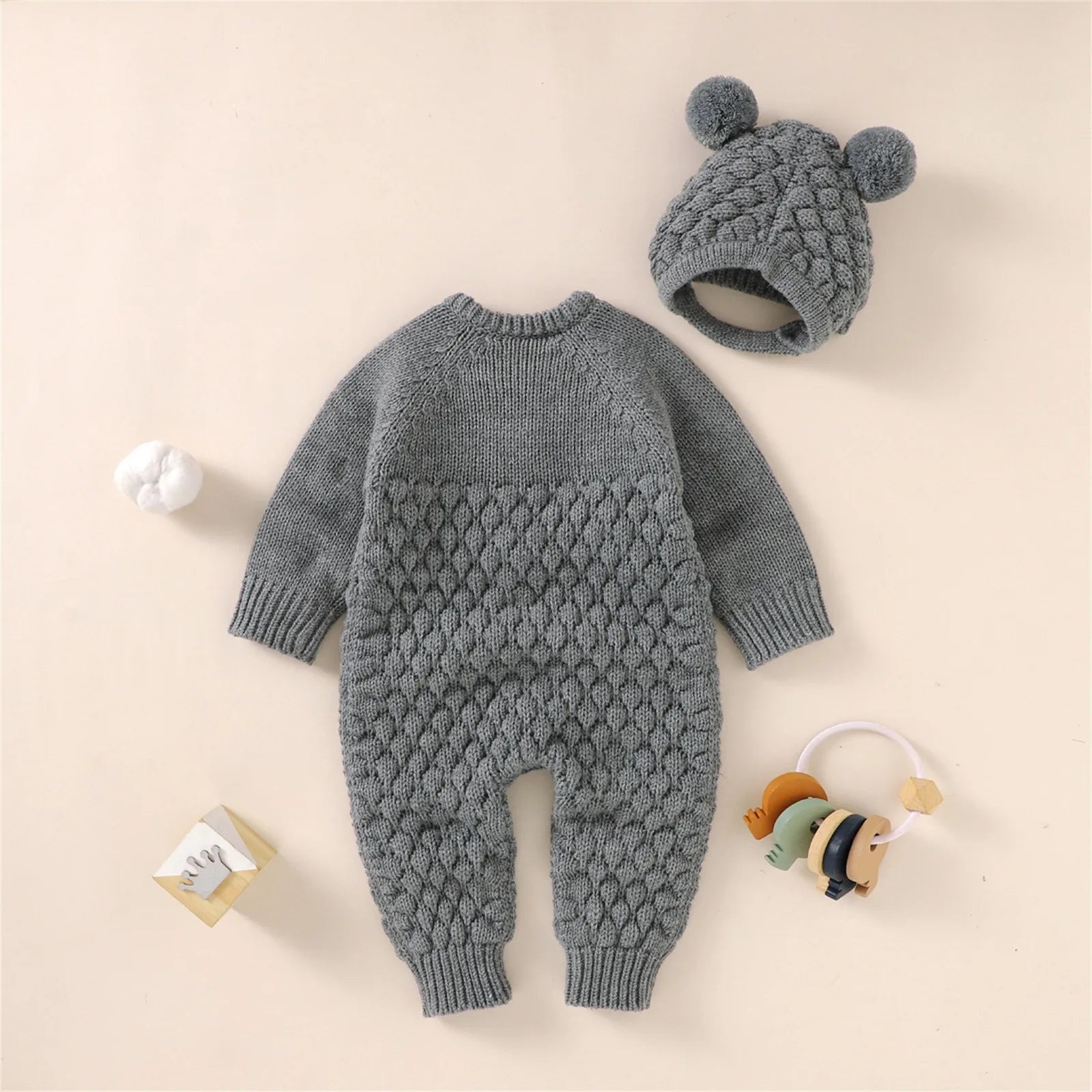 2Pcs Newborn Baby Girls Boys Romper +Hat Set Baby Clothes Cotton Knitted Sweater Jumpsuit Overalls Winter Baby Clothing 0-18M