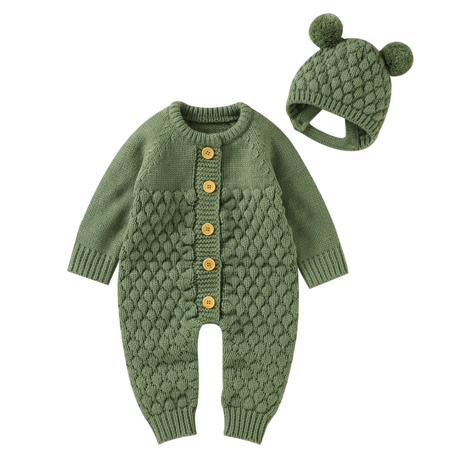 2Pcs Newborn Baby Girls Boys Romper +Hat Set Baby Clothes Cotton Knitted Sweater Jumpsuit Overalls Winter Baby Clothing 0-18M