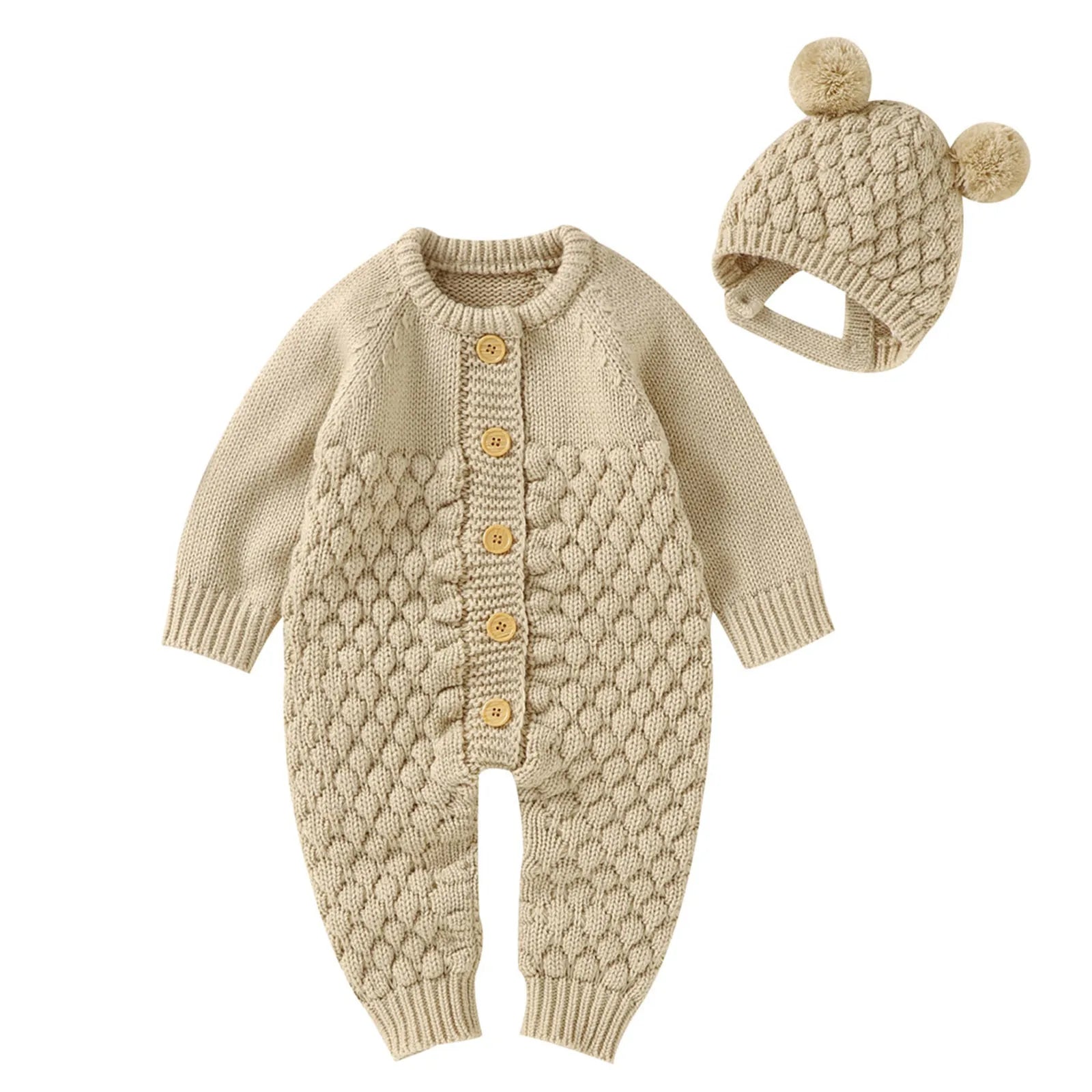 2Pcs Newborn Baby Girls Boys Romper +Hat Set Baby Clothes Cotton Knitted Sweater Jumpsuit Overalls Winter Baby Clothing 0-18M