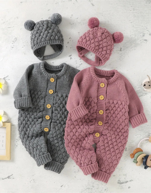 Load image into Gallery viewer, 2Pcs Newborn Baby Girls Boys Romper +Hat Set Baby Clothes Cotton Knitted Sweater Jumpsuit Overalls Winter Baby Clothing 0-18M
