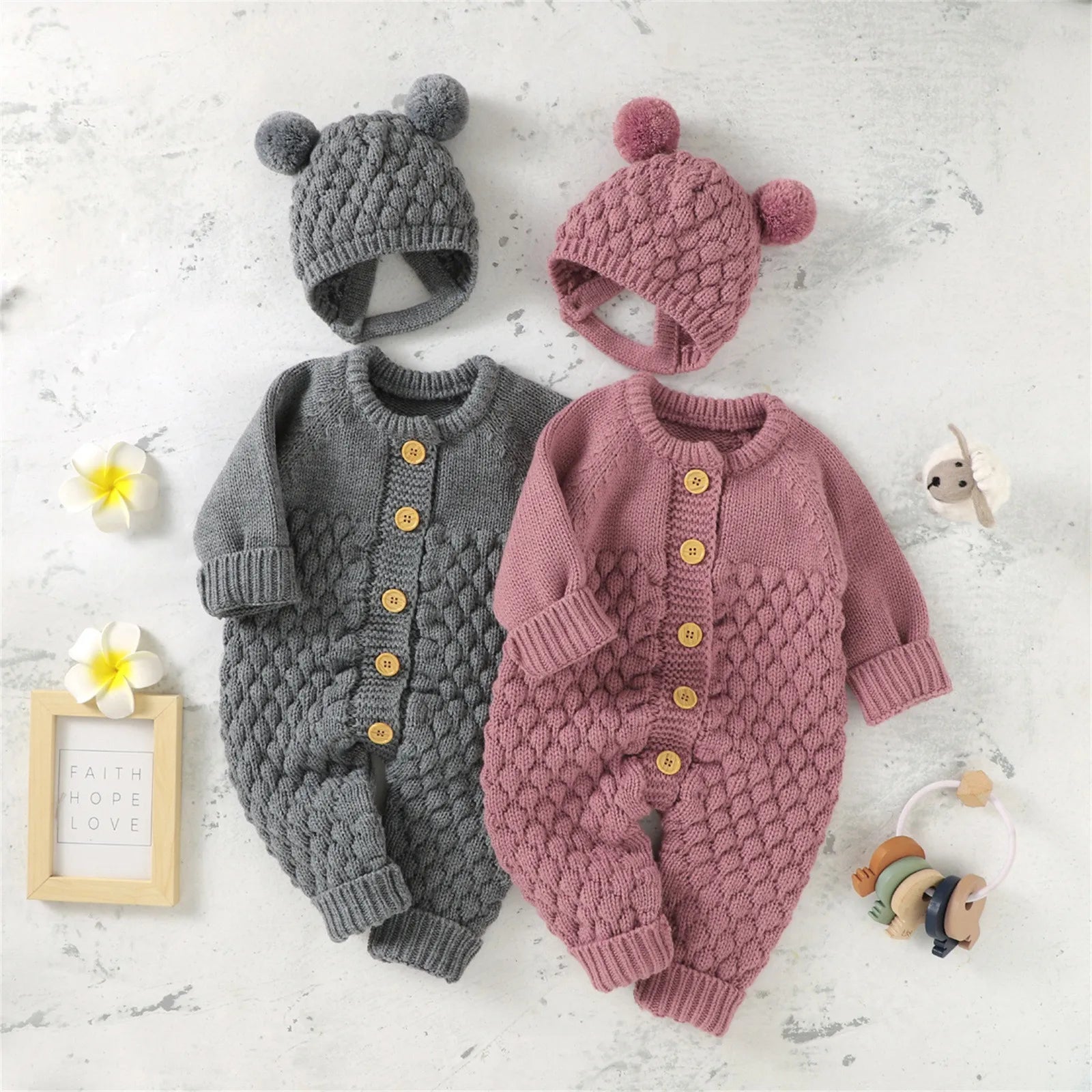 2Pcs Newborn Baby Girls Boys Romper +Hat Set Baby Clothes Cotton Knitted Sweater Jumpsuit Overalls Winter Baby Clothing 0-18M